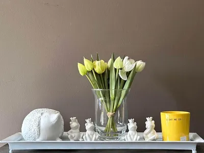 Lente-opstelling met tulpen en decoratie